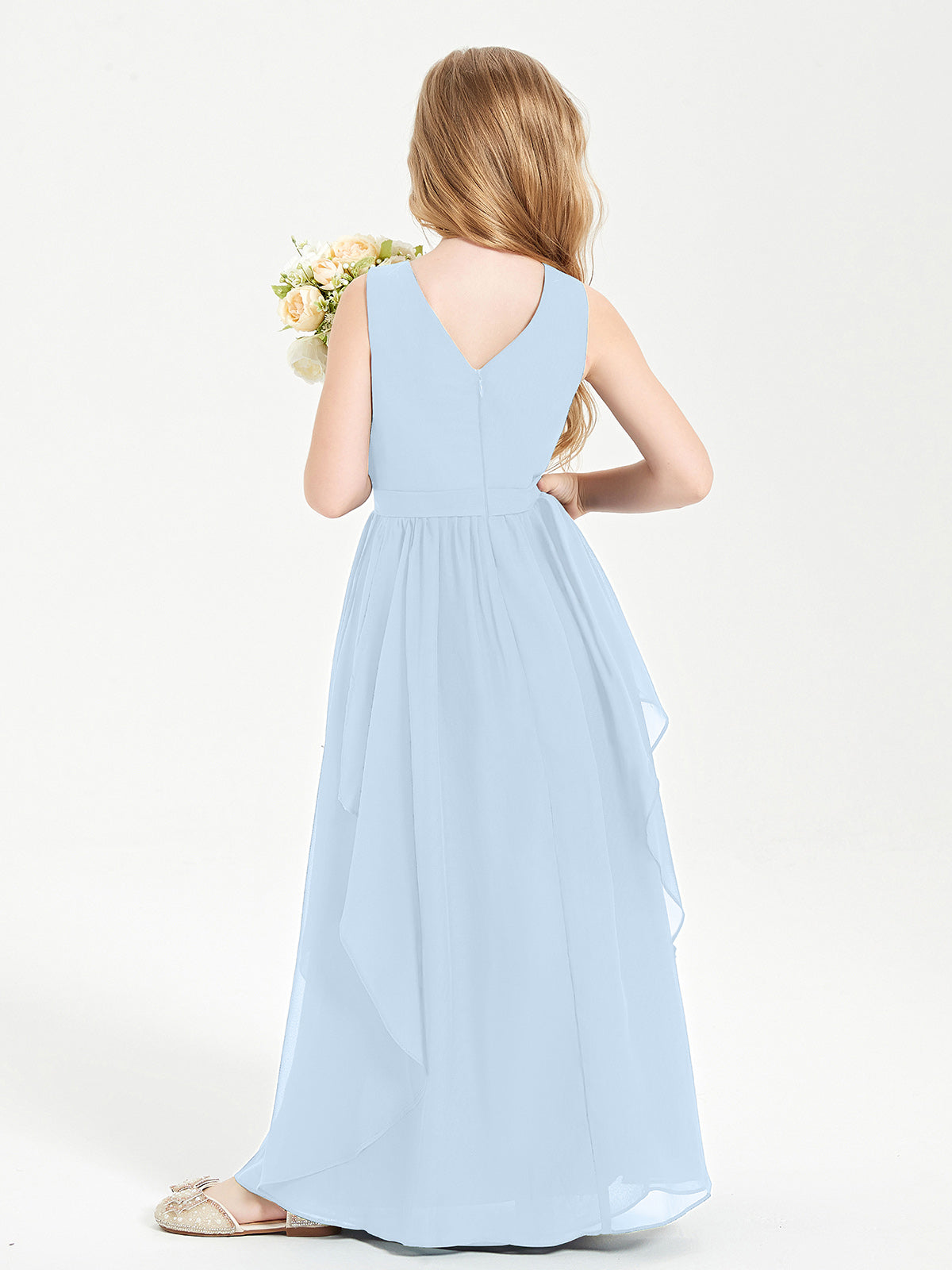 Boho Sleeveless Junior Chiffon Bridesmaids Gown Sky Blue